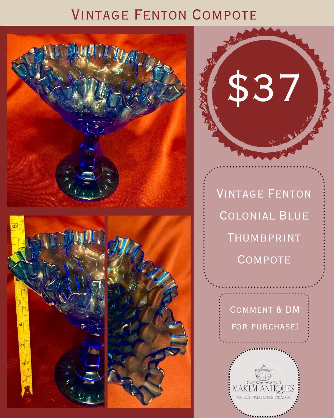 vintage Fenton Colonial Blue Thumbprint Compote.