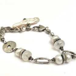 925 Sterling Silver Moonstone And Pearl Bracelet 7.25”