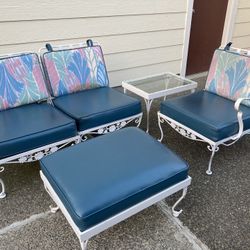 Mid Century MCM White Woodard Modular 5 Piece Couch With Blue Vinyl Upholstery & side table
