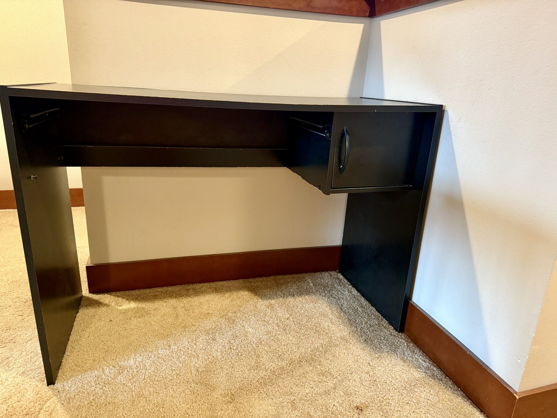 Black Desk With A Side Attached Shelf, Dimensions: 40.5 Inches In Length And 28 Inches In Height, Table Top Width Is 17.5 Inches