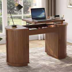 59 Inches Office Desk with Lift Top, Fluted Executive Desk Walnut Home Office Desk w/Charging Outlets, Mid-Century Modern Computer Desk with Storage,