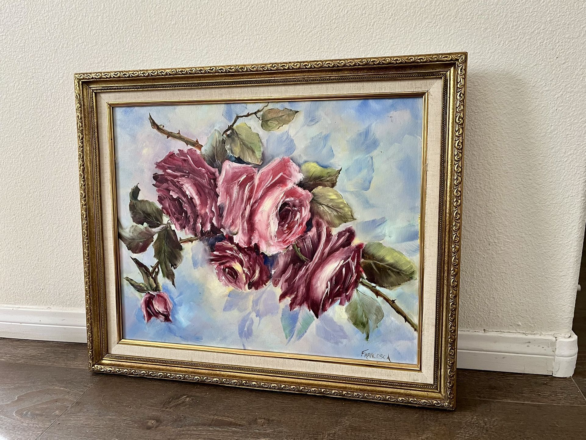 Vintage Original Hand painting Pink Roses In Golden Victorian Style Frame 20/23
