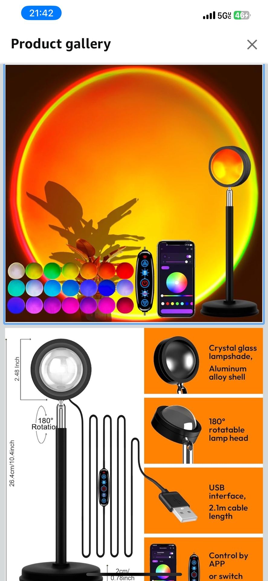 Sunset Lamp Projector with APP Control - 21 Color Changing LED Sunset Light, 180° Adjustable for Photography, Bedroom Decor, Party, Wedding, Mood Ligh