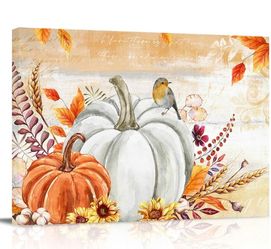 Thanksgiving Canvas Prints Wall Art Fall Maple Leaf Pumpkin Framed Picture, Vintage Stamp Letter Painted Artwork Oil Painting for Home Bedroom Living 