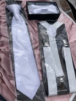 Kids suspender Bow Tie And Necktie Set White