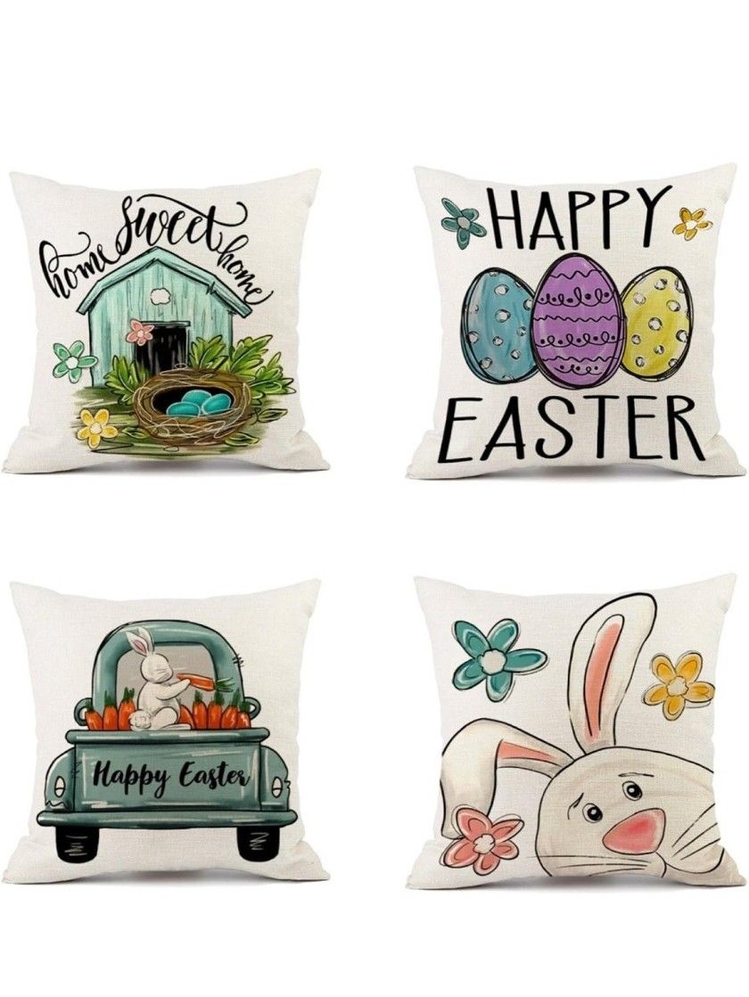 WeebAg Set of 4 Throw Pillow Covers Linen, 18x18in for Sofa Bed Garden Indoor Outdoor Home Decor, Square Cushion Covers Cute Bunny 45x45cm