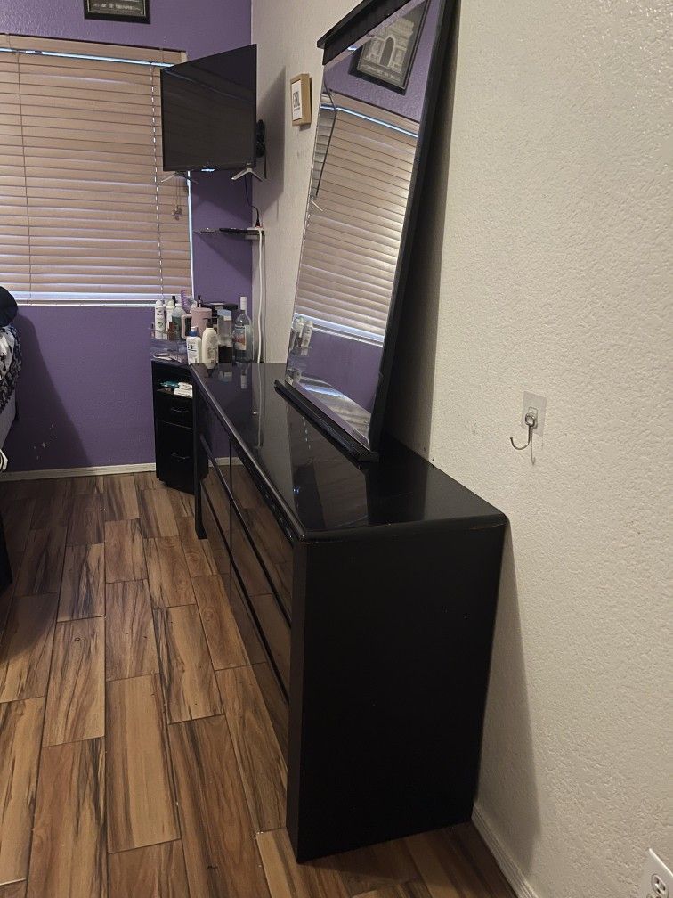 All Black 6 Drawer Dresser with Mirror and Night Stand