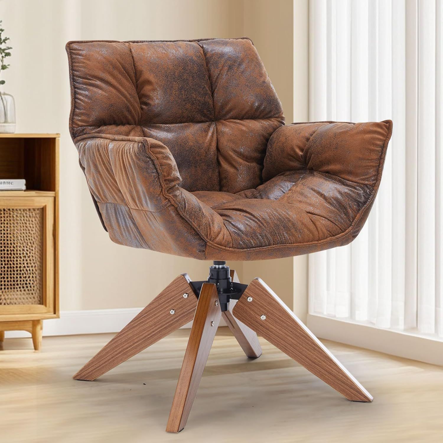 Brand New Mid Century Accent Chair, Hot Stamping Cloth Desk Chair no Wheel, Modern Cozy Vanity Chair Advanced & Wear-Resistant with Amrest, Wood Legs