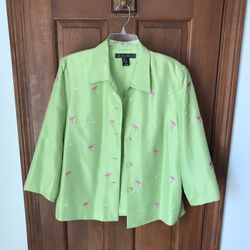 Silkland Bright Green Jacket w/Daisies Hot Pink Flamingos size LARGE