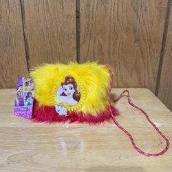 Disney Princess Belle Crossbody Bag Purse Zipper Fuzzy Faux Fur Red Yellow NEW