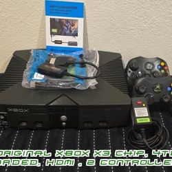 Original Xbox, X3 chip, 4TB LOADED, 2 controls, HDMI adapter TONS OF games!