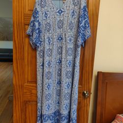 Chico's Blue and White Flutter Sleeve Maxi Sundress 