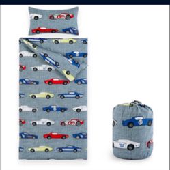 Wake In Cloud - Sleeping Bag Zippered, Nap Mat with Matching Pillow for Kids Boys Girls Sleepover Overnight Travel Slumber Bag, Sports Race Cars Super