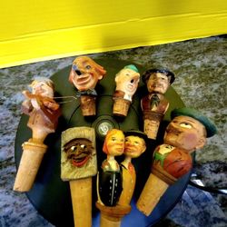Antique Porcelain and Carved Wood Figural Liquor Wine Bottle Stopper Pourers Lot of 7 
