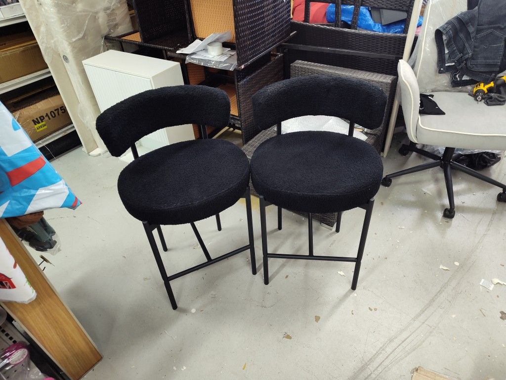 Boucle Bar Stools Set of 2, 24" Modern Counter Stools with Backs, Black Upholstered Barstools for Kitchen