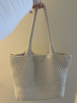 Faux Leather Woven Tote Bag w/Pouch (Off White)