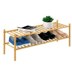 2-Tier Bamboo Long Shoe Rack Stackable Wood Storage Organizer 35x11x13 Natural