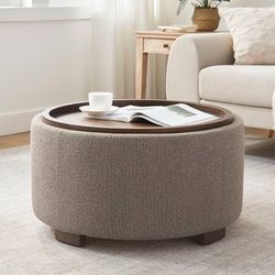 30 Inch Round Storage Ottoman Coffee Table, Modern Boucle Ottoman with Lift-Off Lid and Solid Wood Legs for Living Room, Bedroom, Corners, Apartments 