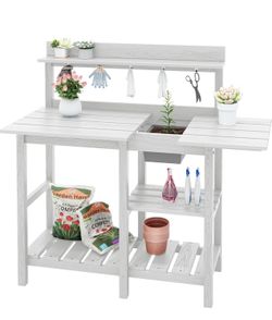 SERWALL Outdoor Potting Bench with Removeable Sink,Rot-Resistant HDPE Potting Table for Outside Gardening, All Weather Use - White brand new in box $9