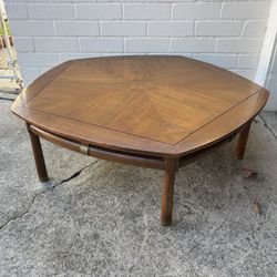 Mid-Century Modern Wooden Hexagonal Coffee Table with Brass Accents and parquetry design