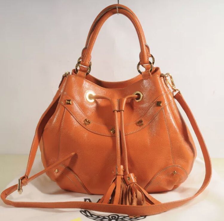 MCM Orange Leather&Gold Plates Tassel Hand Bag Vintage 