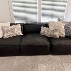 Modular 3 Part Sofa. Real Black Leather.