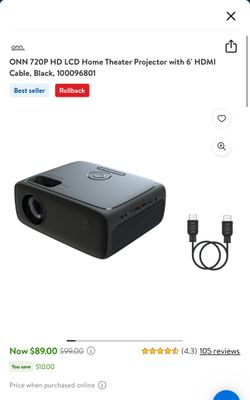 ONN 720P HD LCD Home Theater Projector with 6' HDMI Cable, Black