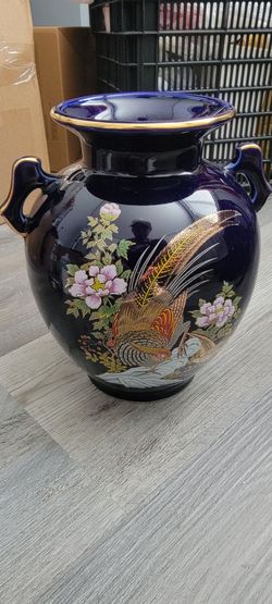 Cobalt Blue Ceramic Vase with Pheasant Design