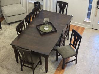 Dark Wood Dining Table with 8 Chairs (Convertible Size)