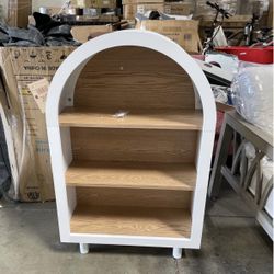 Assembled New Arched Small Bookcase with 3 Shelves White & Woodgrain Modern Storage Cabinet Wood Leg