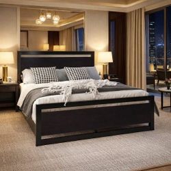 Queen bed Metal Platform Bed Frame with Wooden Headboard and Footboard, Mattress Foundation, No Box