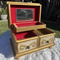 Vintage 8” L Gold Tone Musical Wood Jewelry Box Plays  “Fly Me To The Moon” Trinket Box Storage - Home Decor