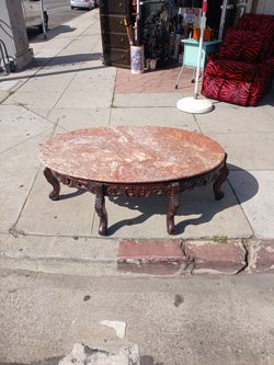 Rosewood Hand Carved Pink Marble Top Oval Coffee Table