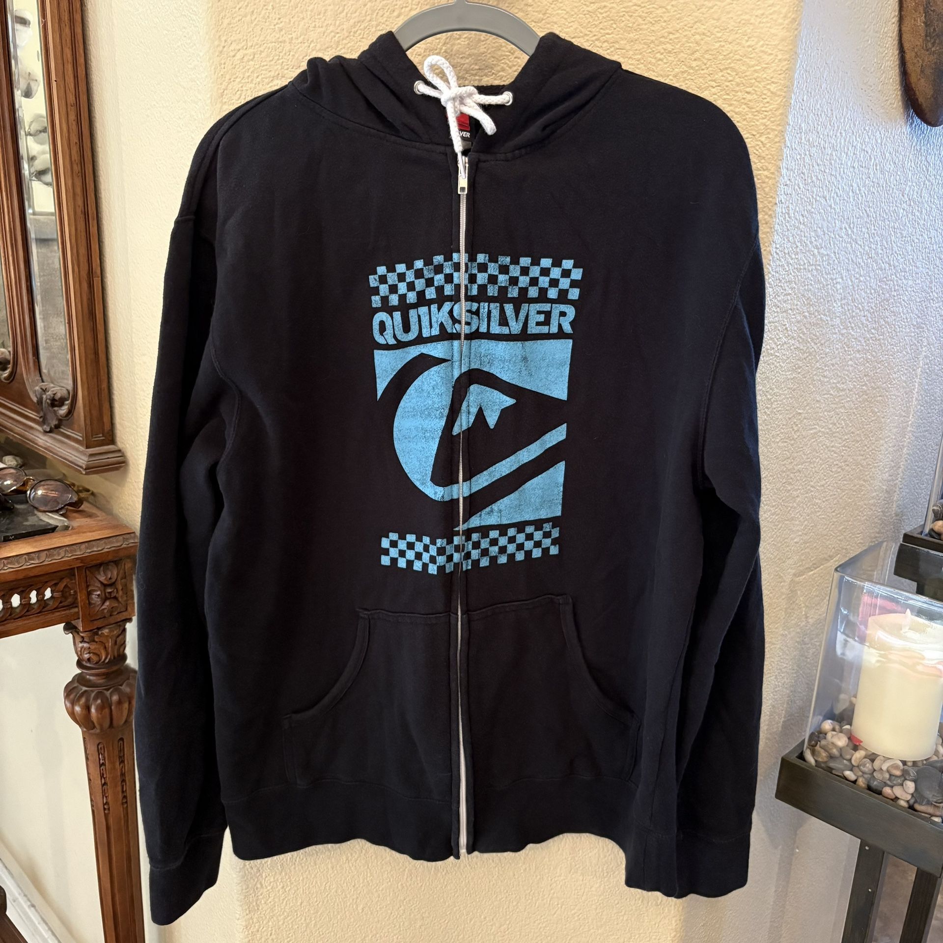 Vintage Quiksilver Men Black and Blue Y2K Zipped Hoodie Jacket Size XL