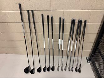 Golf club full set (Tayler made burner woods, Cobra Max hybrid irons, wedge)
