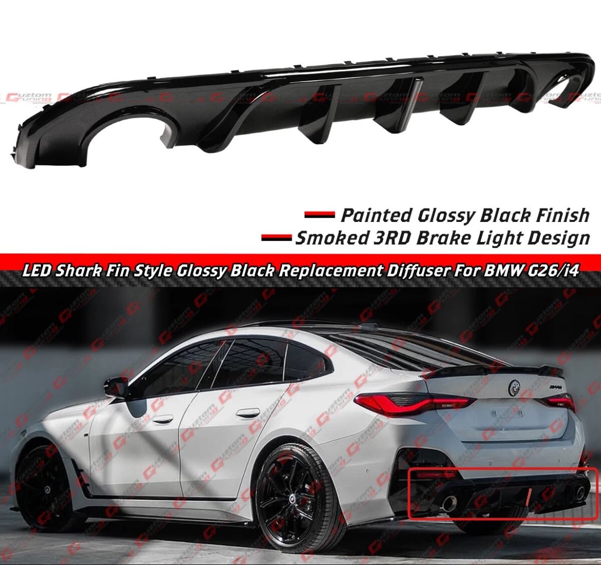 21-25 BMW M440i Gloss Black Rear Diffuser w/ LED Brake Light