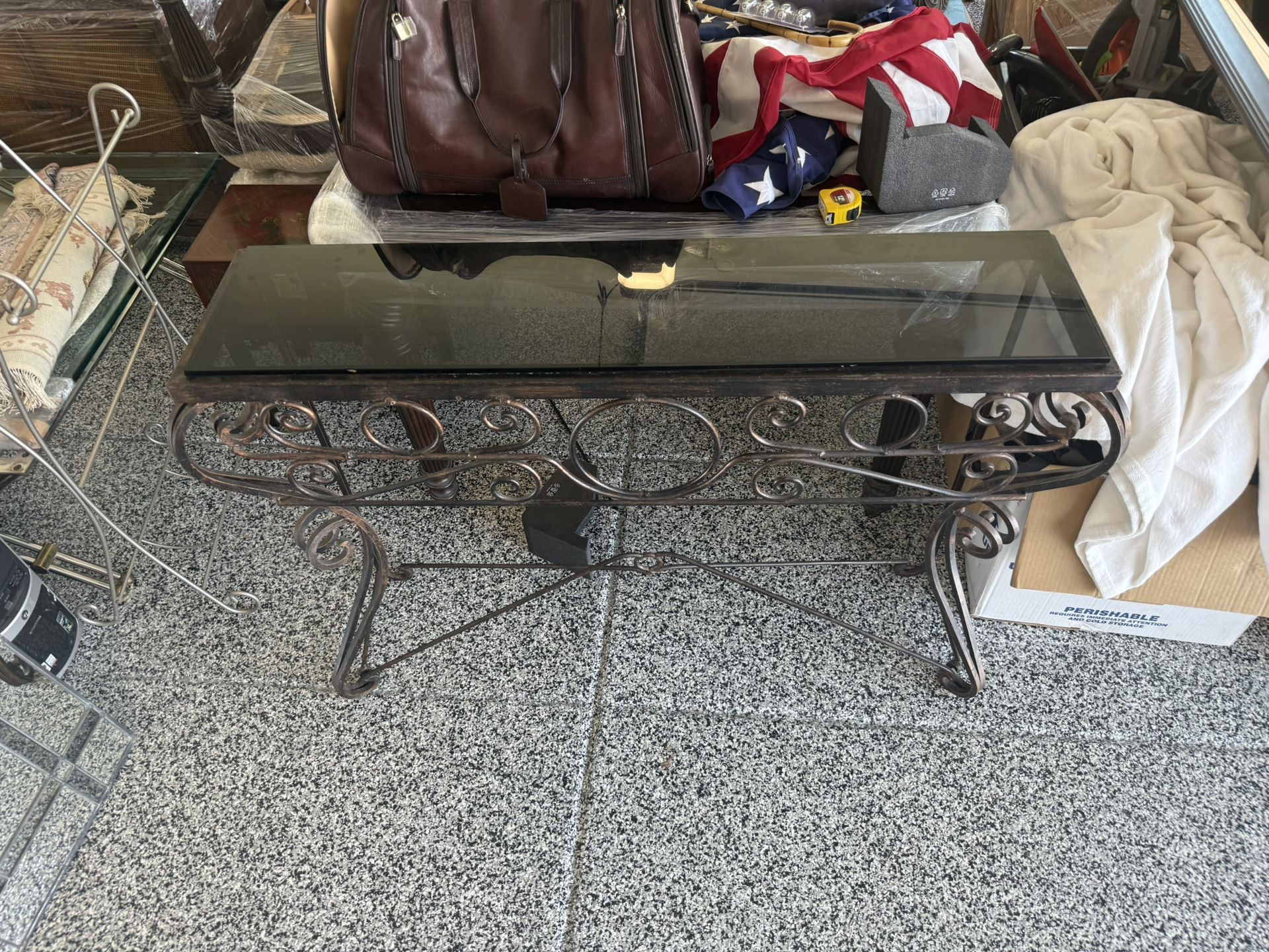 Glass and Rod iron console table