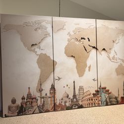 World Map Canvas Wall Art – Set of 3 Panels (Great Condition)