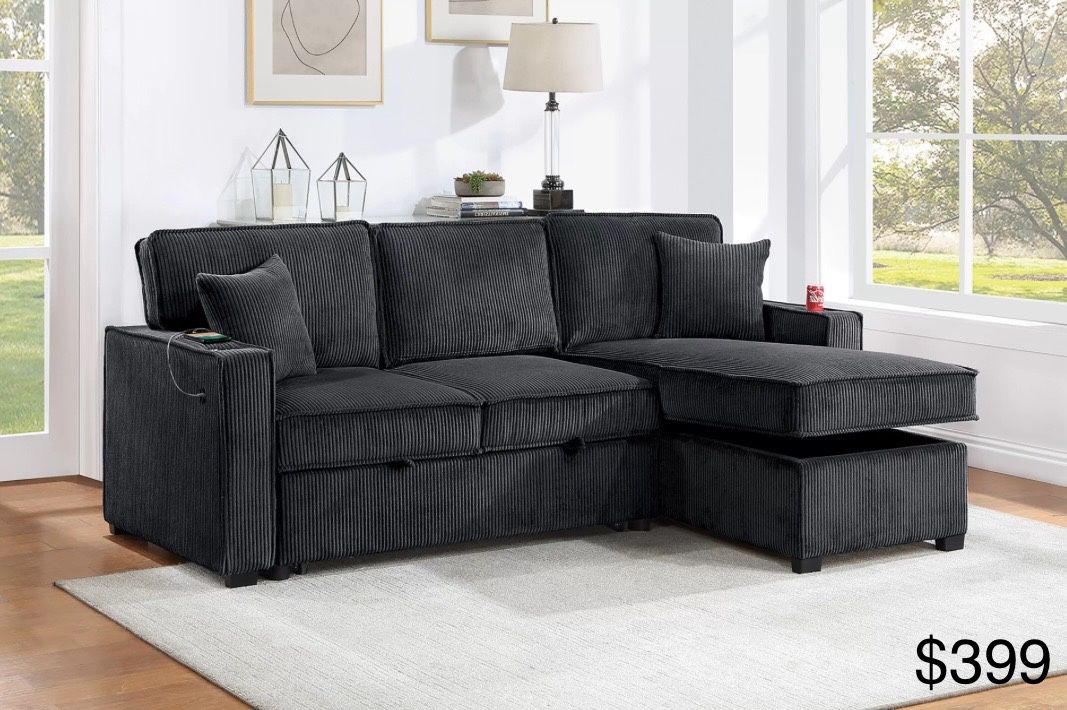 Black corduroy sectional sleeper with storage