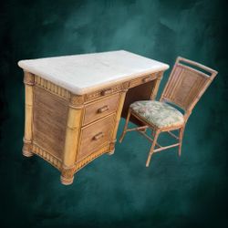 Designer Tropical Faux Bamboo Desk w/ Real Travertine Stone Top + Chair