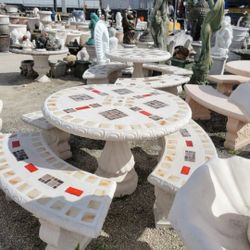 Concrete Mosaic Picnic Table with 3 Benches/ Outdoor Patio Furniture