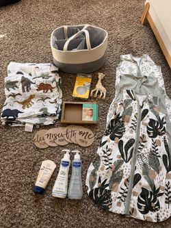 Baby item lot - sleep sacks, blankets, changing caddy, monthly photo props and more