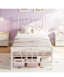 Brand New White Metal Twin Size Bed Frame Butterfly Pattern Headboard