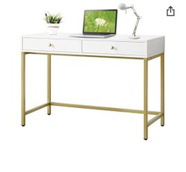 44” White-Vanity-Desk with 2 Drawers, White/Gold Home-Office-Desks Desktop Makeup-Vanity-Table Modern Writing Computer Standing Desk with Wood Top 