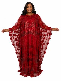 Handmade Red Floral Appliqué Kaftan Dress – Plus Size African Boubou 3X–4X