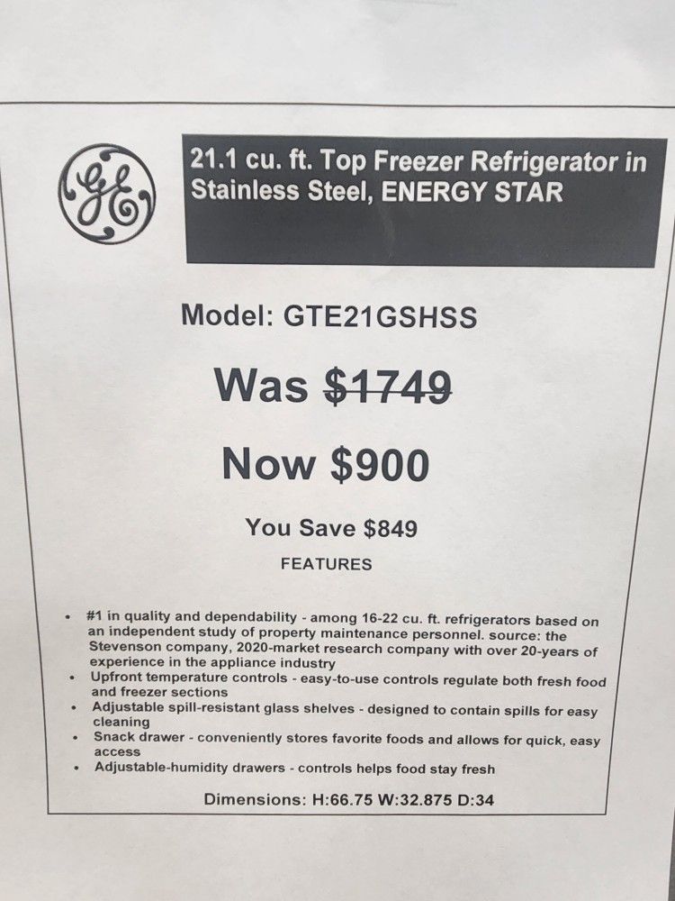 $599 $2099 GE Refrigerators Brand New, Express Delivery, One Year Warranty
