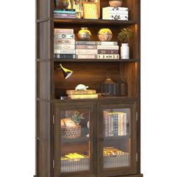 5-Tier Bookshelf, 65" Bookshelf with Multi-Color Ambient Lights (APP Remote Control), Tall Display Shelf with Cabinet Doors, Rustic Brown