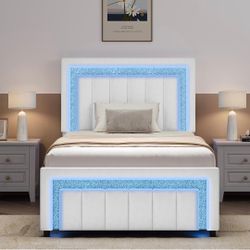 Twin Bed Frame with LED Lights and Velvet Upholstered Headboard, Twin Size Bed Frames with Modern Diamond Headboard Adjustable, Wooden Slats Support, 