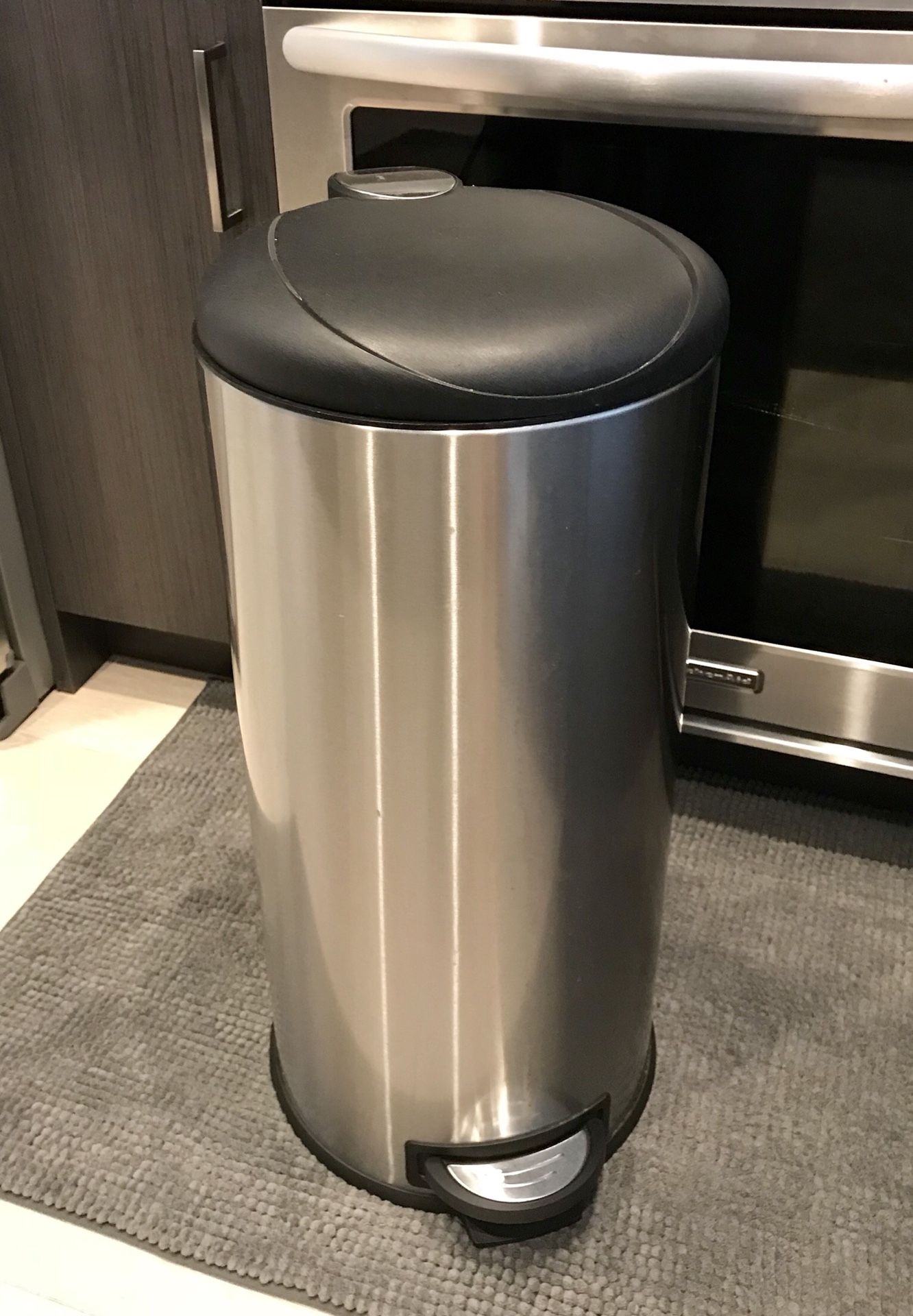 Trash Can (Simple Human Type; Black & Silver; Back Holding Handle; Foot Petal & Liner)
