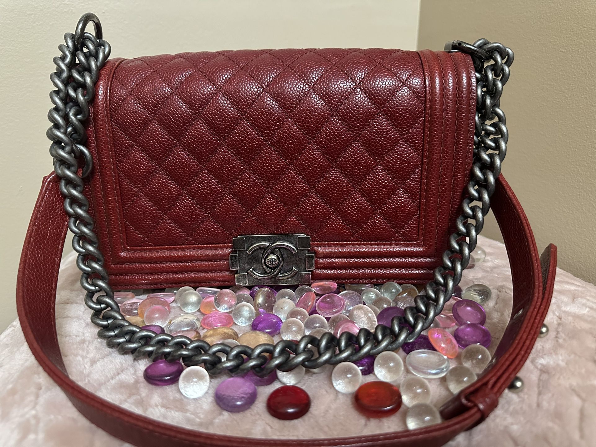 Chanel Caviar Leather Dark Red Le Boy Old Medium Size